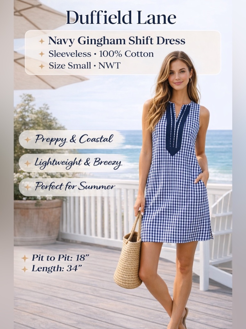 Duffield Lane Navy Gingham Shift Dress Sleeveless Cotton Preppy Coastal Size S